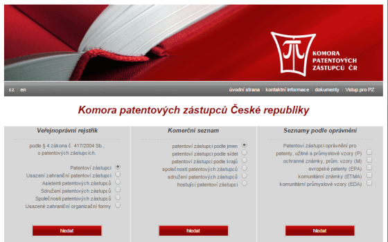 Webové stránky komory patentových zástupů na www.patzastupci.cz. V registru dohledáte kontakty na jednotlivé patentové zástupce.
