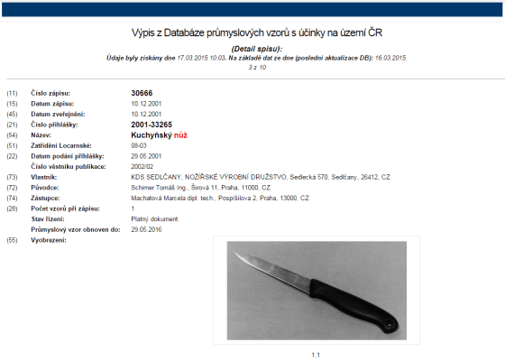 Kuchyňský nůž registrovaný jako průmyslový vzor s platností na území ČR.